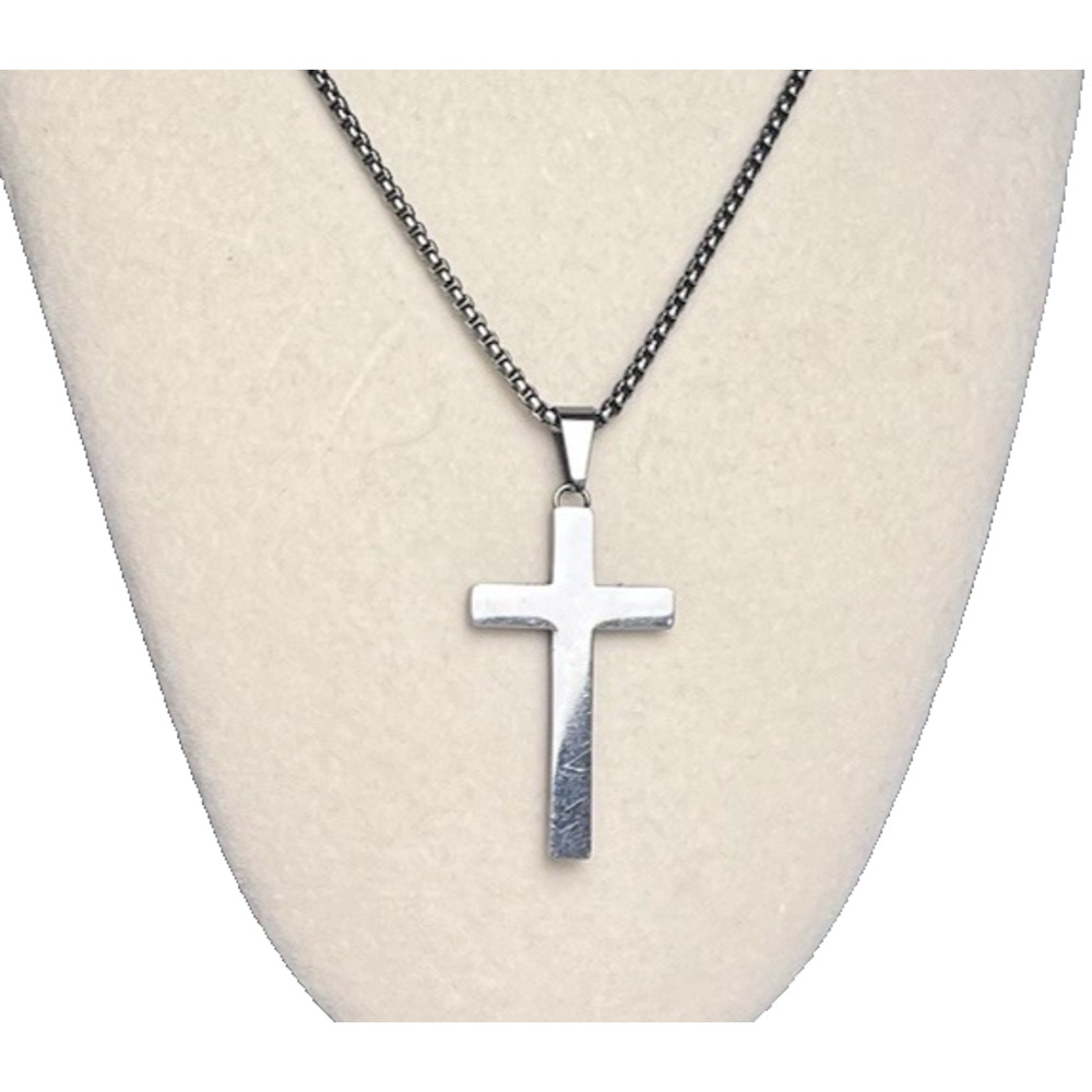 HE Rocks Silver Tone Cross 1.75" Pendant Necklace 24" Religious Faith Christian